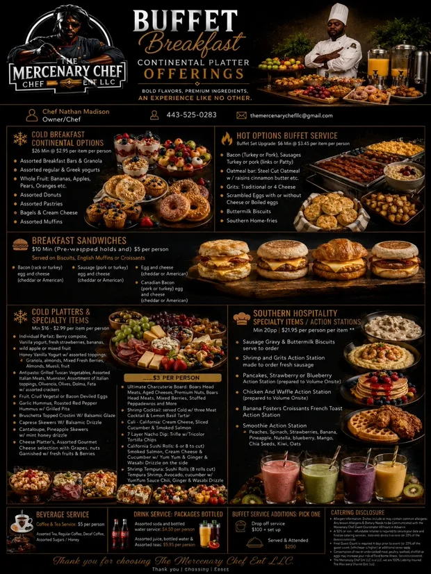 The Mercenary Chef Buffet Breakfast catering menu, featuring continental options, hot buffet service, breakfast sandwiches, cold platters, and Southern hospitality action stations