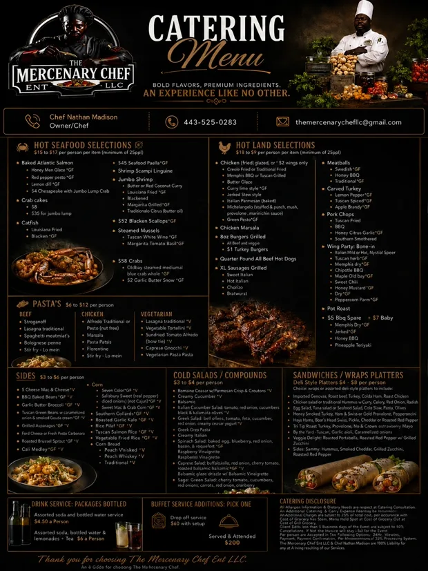 The Mercenary Chef catering menu, featuring hot seafood and land selections, pastas, sides, cold salads, and sandwich and wrap platters